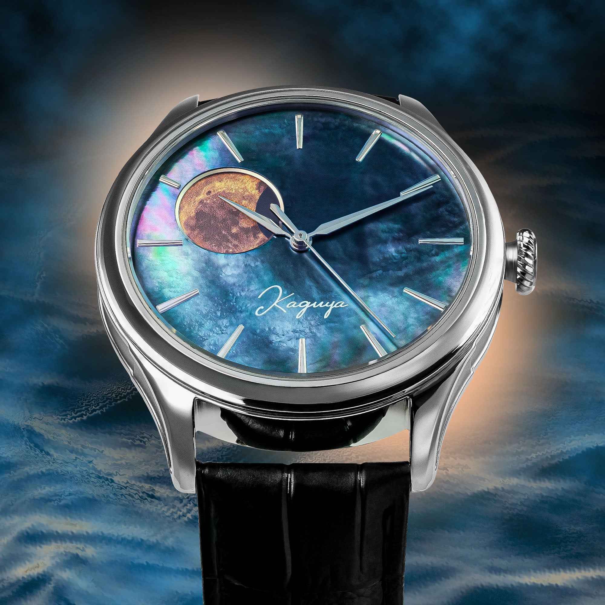 Watch with a unique face featuring a moon phase design on a blue textured background Wancher Dream Moonphase Kaguya watch with raden mother of pearl dial
