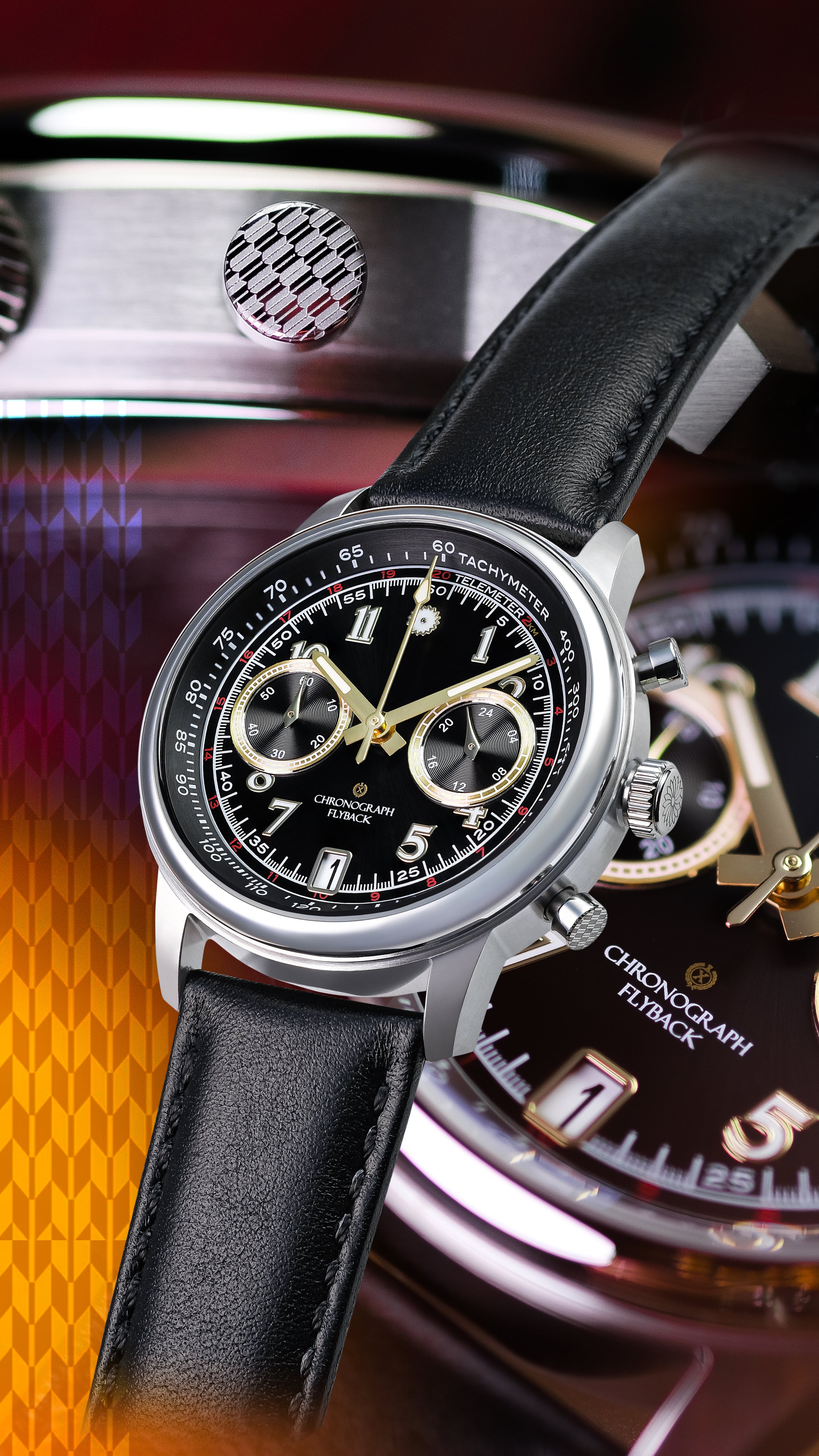 Luxury watch with a black face and leather strap against a dynamic, colorful background. Wancher Tenji Chronograph 