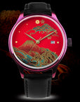 Luxury Japanese watch with red Urushi dial, wave and mountain design, black leather strap