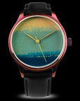 Detailed view of traditional Kinma technique in Chawan-iro Ai Urushi watch dial