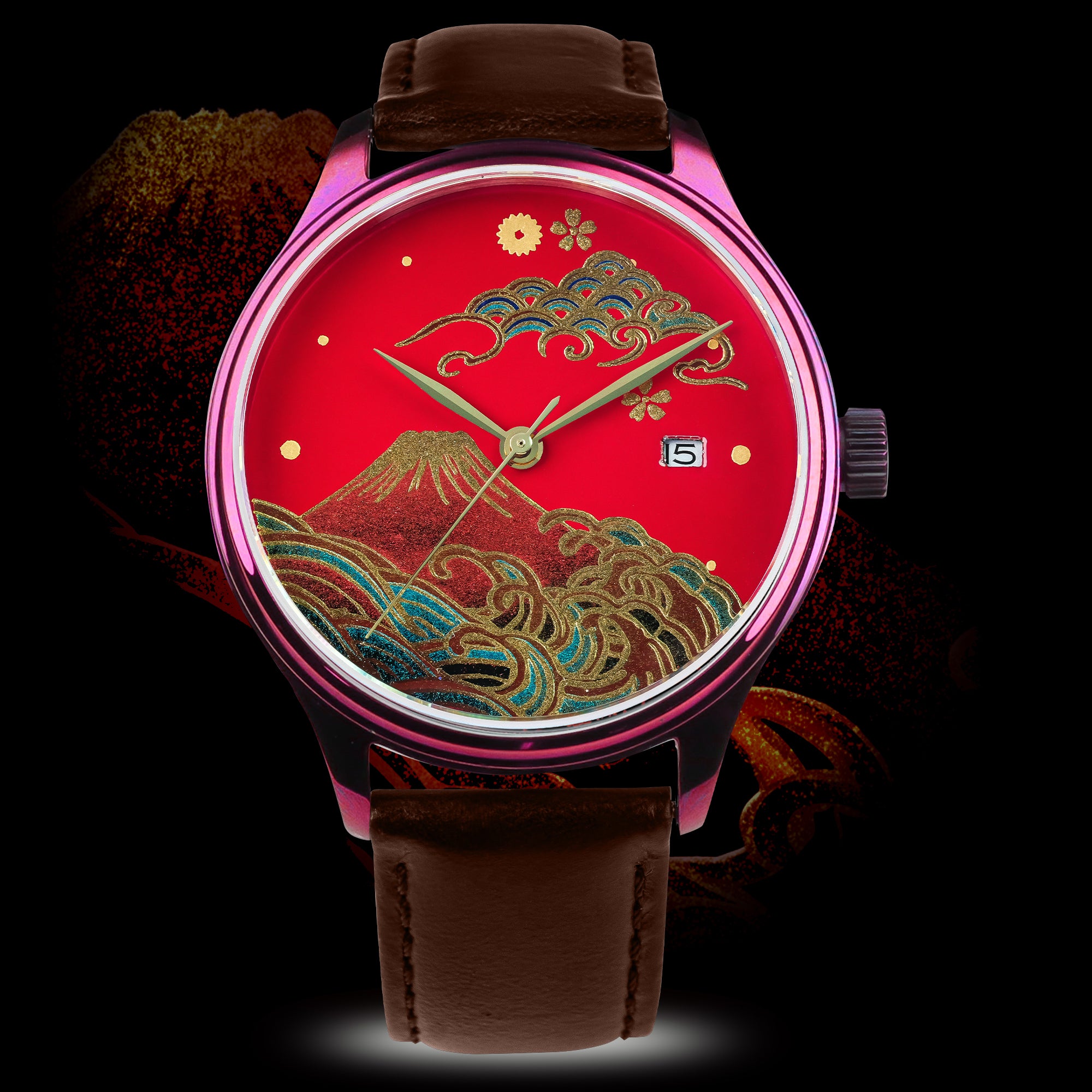 Luxury watch with red Japanese urushi dial, Mt. Fuji, gold waves, and brown leather strap