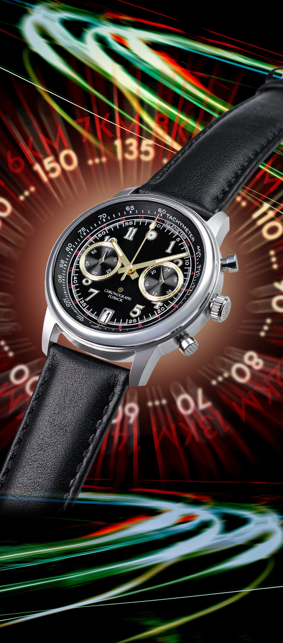 Black wristwatch with a detailed face against a dynamic, colorful background Wancher Tenji Chronograph Seiko VK64 38MM Case Watch Phone banner