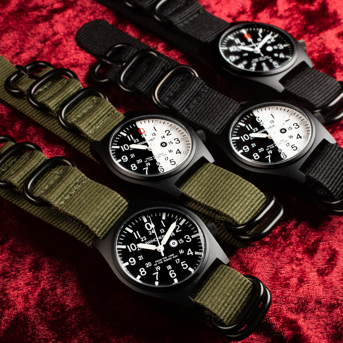 Wancher Gurkha shown with rubber, leather, NATO and stainless steel mesh strap options