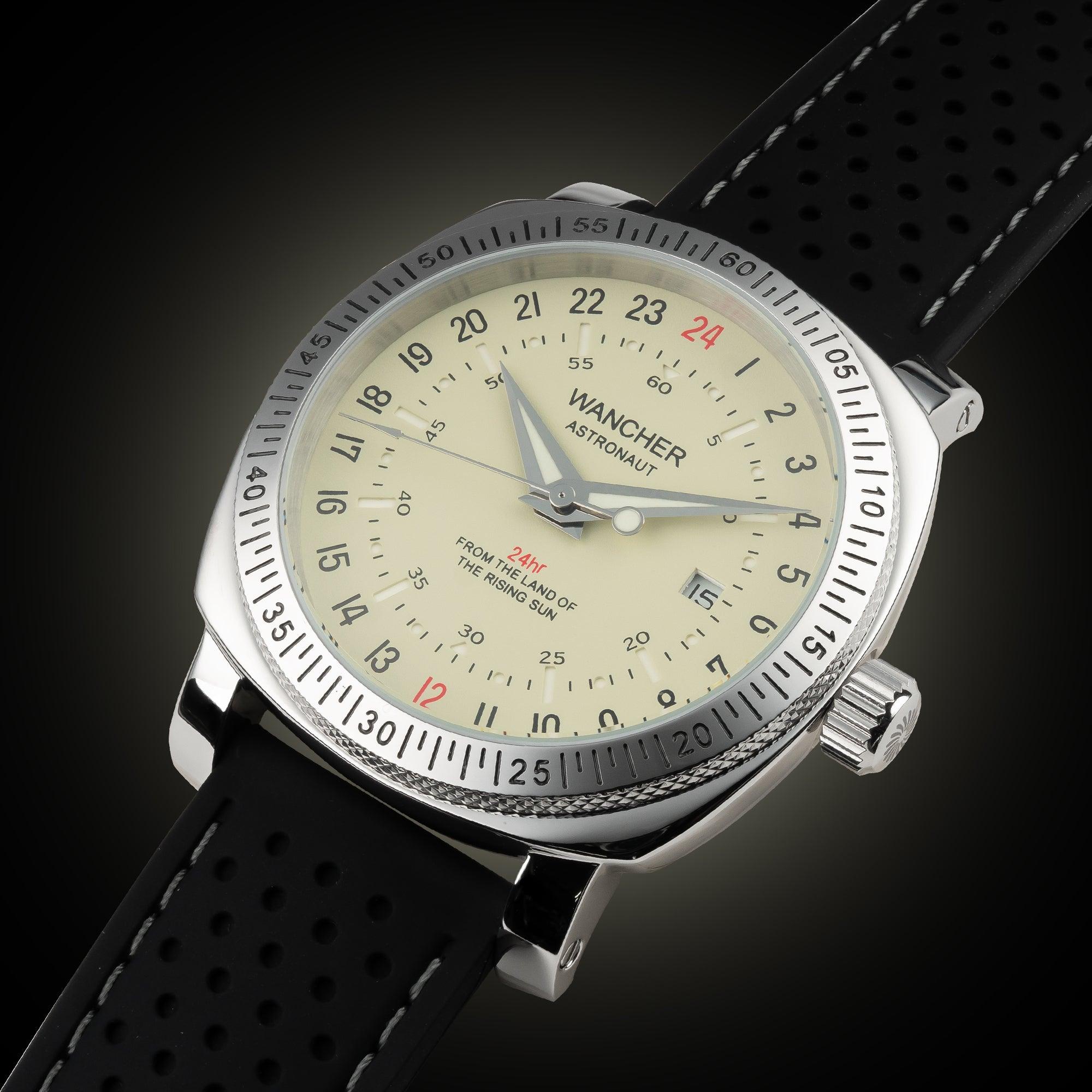 Wancher automatic 24hr analog watch for day-to-night wear, built with 24 hour watch movement and inspired by Glycine 24 Hour watch and military field heritage