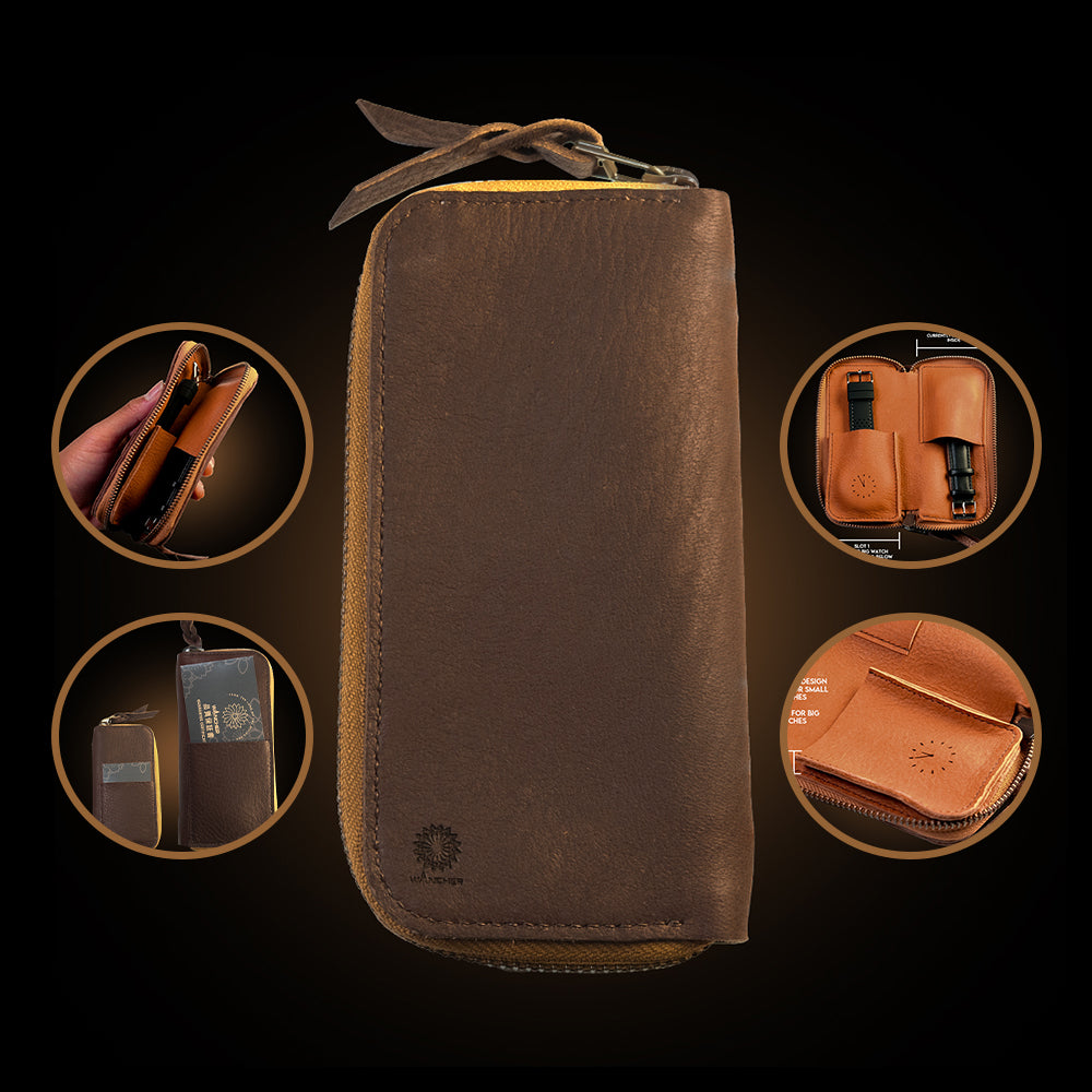 Luxury Dark brown and Yellow oiled deer leather travel pouch from Japan
