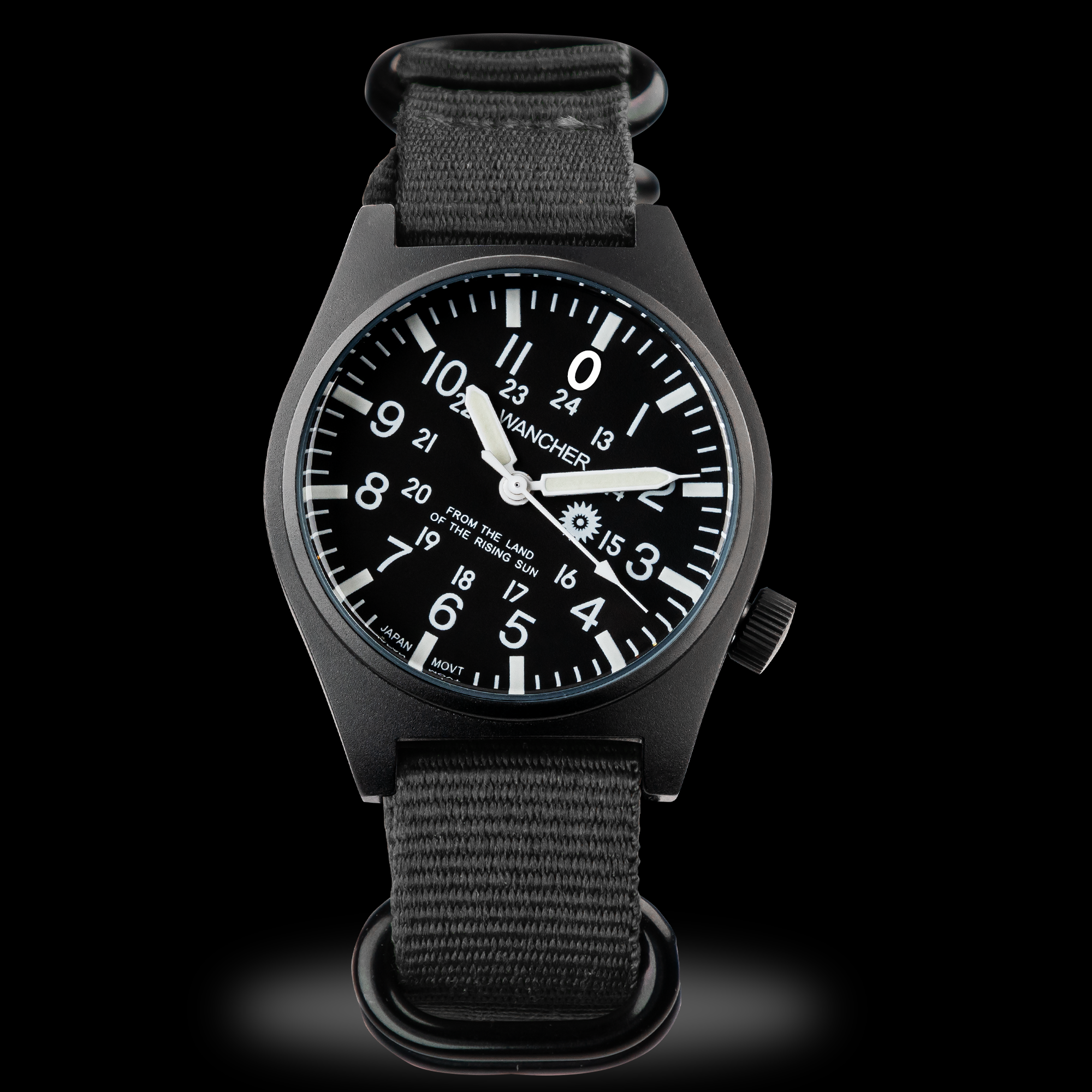 Wancher Gurkha 45-degree tilted dial field watch, black PVD aluminium case, Miyota quartz movement, Japanese microbrand men's watch