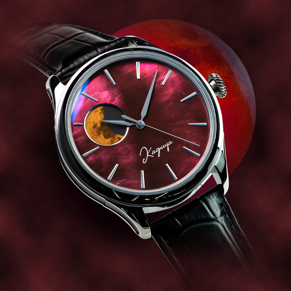 Luxury watch with a red face and black leather strap on a dark background Dream Moonphase Kaguya AKANE  TSUKIMI Gold Moon Disk Dial  Wancher Watch 