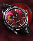 Luxury watch with a red face and black leather strap on a dark background Dream Moonphase Kaguya AKANE  TSUKIMI Gold Moon Disk Dial  Wancher Watch 