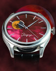 Watch with a red face and silver case on a dark background TSUKIMI Gold Moon Disk Dial  Dream Moonphase Kaguya AKANE Wancher Watch H7M01