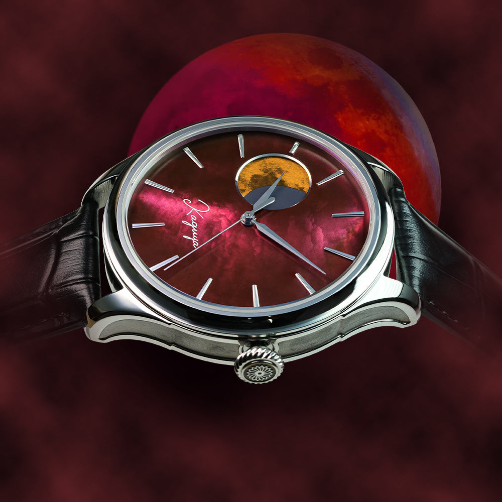 Luxury watch with a detailed face against a dark red background TSUKIMI Gold Moon Disk Dial  Dream Moonphase Kaguya AKANE Wancher Watch  H7M01 Automatic Moonphase Watch 