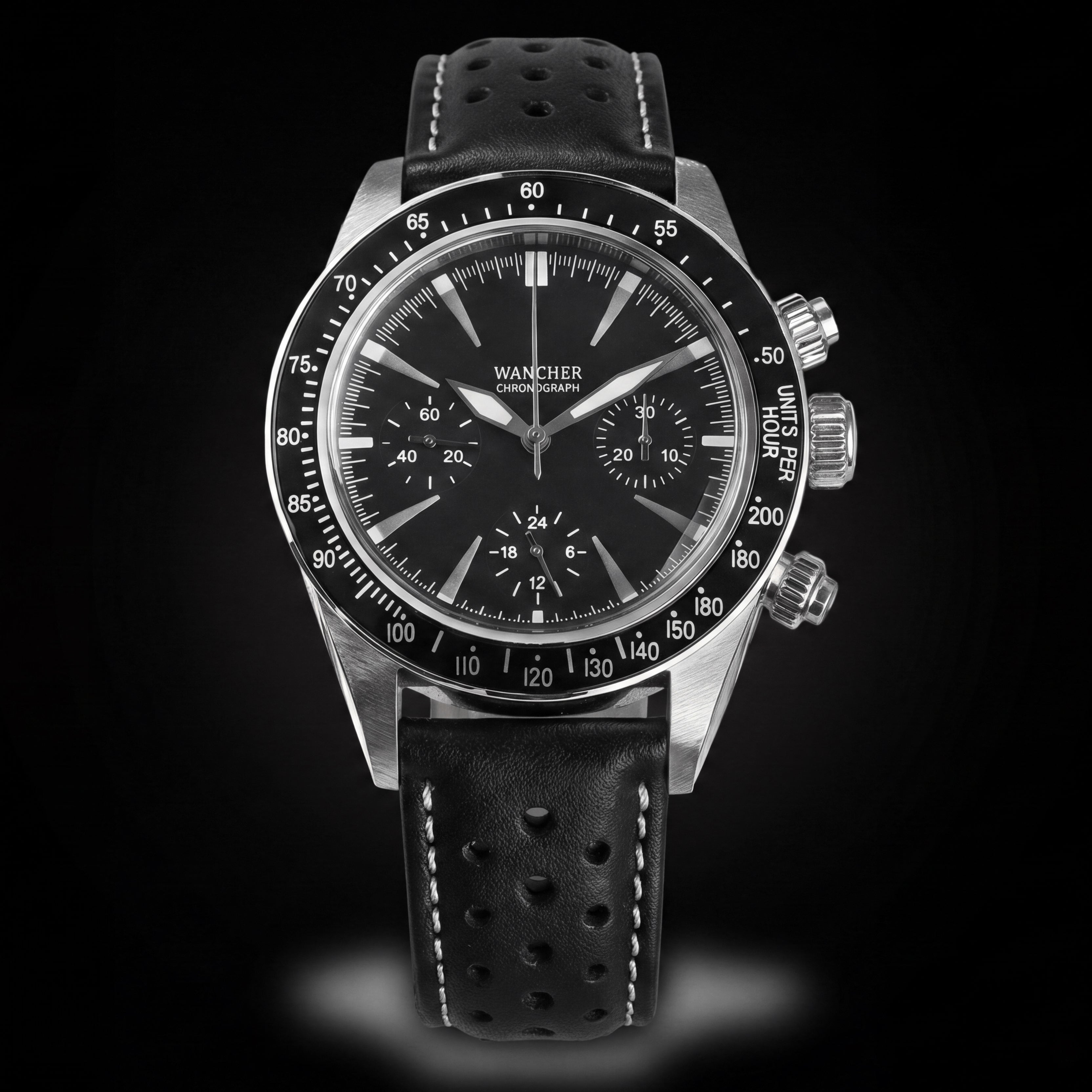 Wancher Chronograph Mechanical  wristwatch Seagull ST1901 with a black dial, silver-tone stainless steel case, and a black perforated leather strap, shown against a black background.