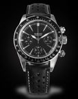 Wancher Chronograph Mechanical  wristwatch Seagull ST1901 with a black dial, silver-tone stainless steel case, and a black perforated leather strap, shown against a black background.