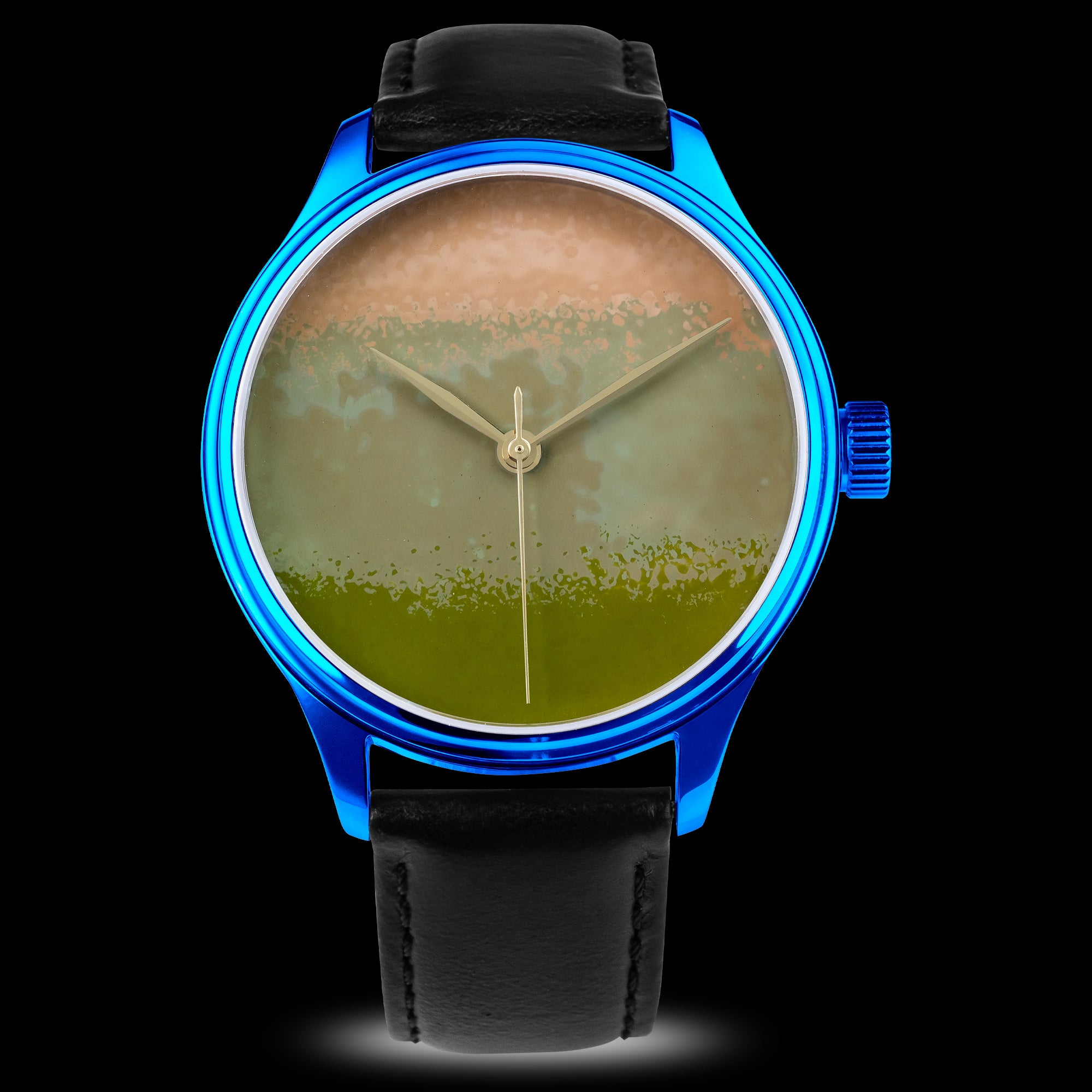 Watch with a blue case and black strap on a black background Collectible Japanese Urushi watch Dream Watch Chawan-Iro Matcha with textured Ishime Kinma lacquer craftsmanship Wancher Watch 