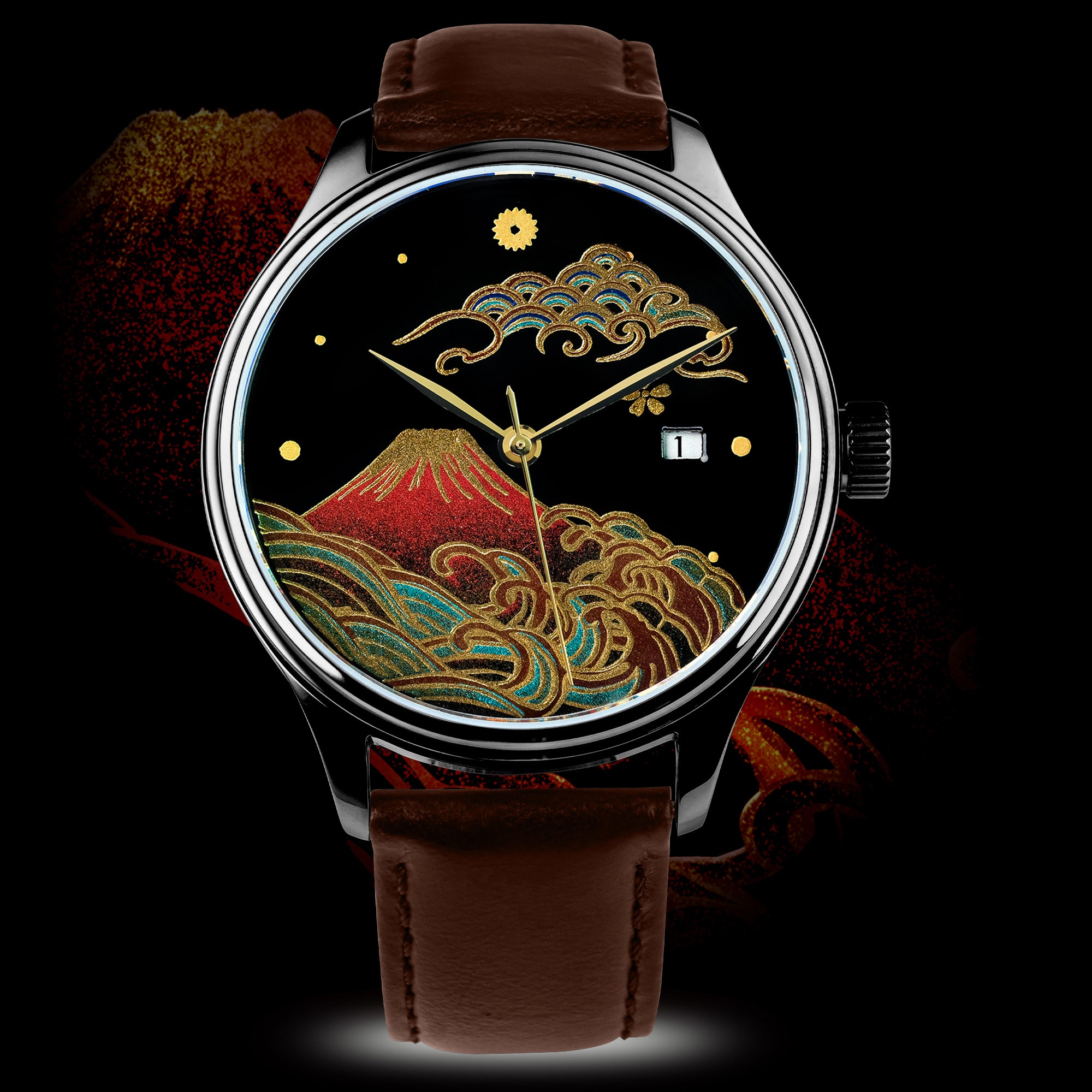 Luxury watch with red Japanese Urushi dial, Mt. Fuji and wave design, brown leather strap