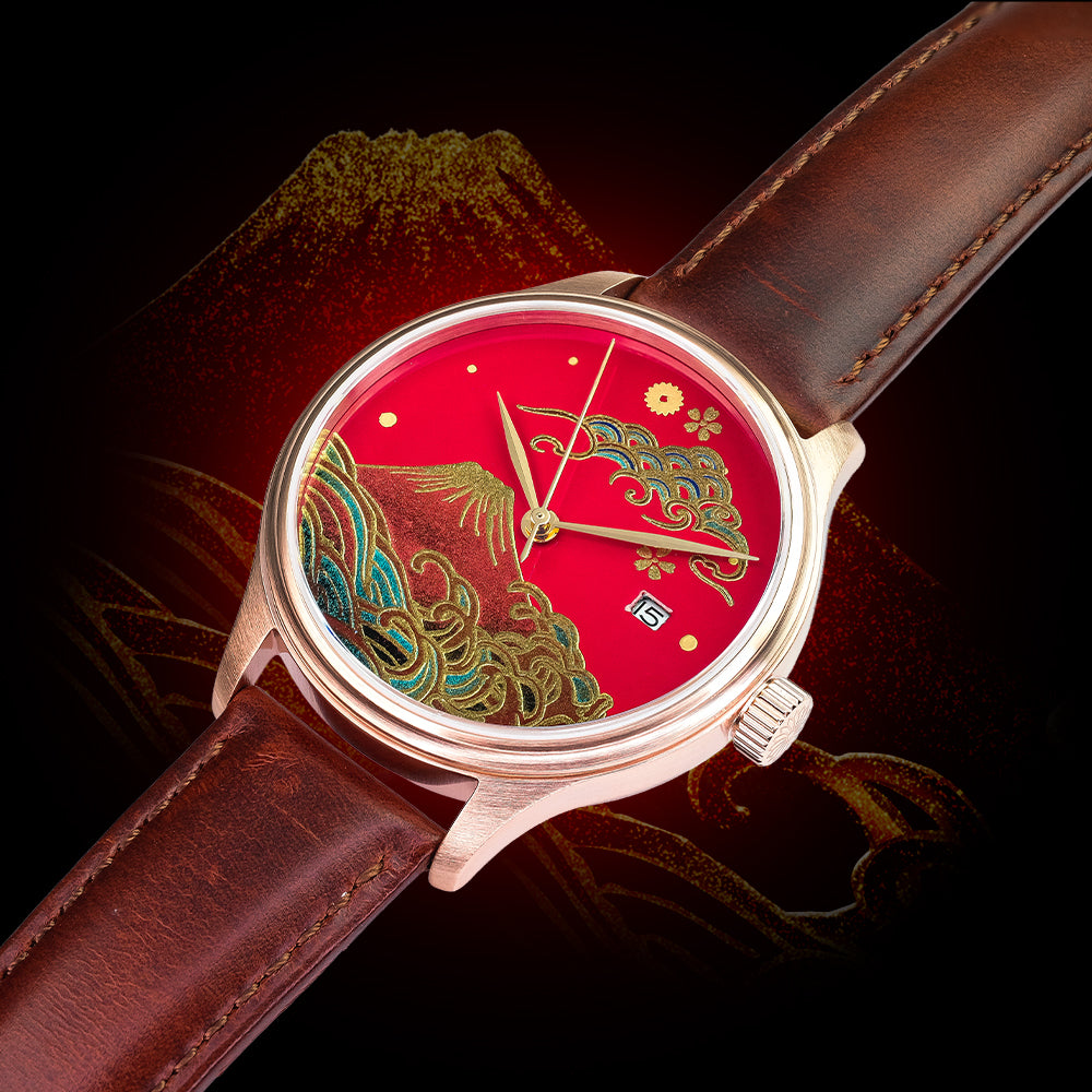 Japanese artisan watch under $1000 with Fuji Maki-e urushi dial, sapphire crystal, and Miyota 9015 dress watch movement