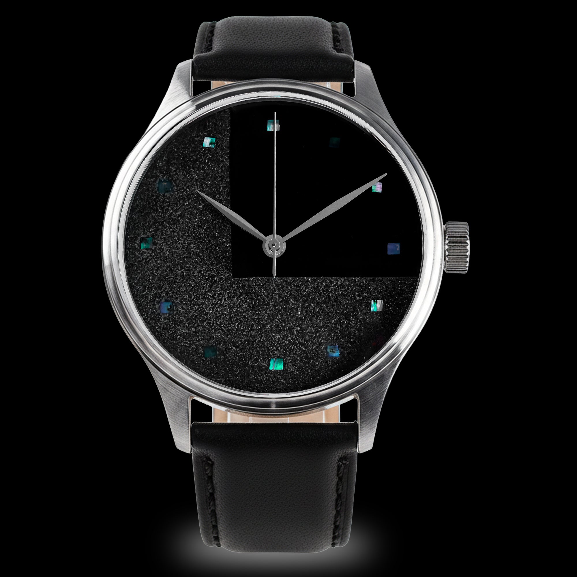 Macro detail of a textured Charcoal Urushi surface with raden mother-of-pearl inlay on a traditional Urushi Dial, crafted using Oita Urushi lacquer in Japan for the Dream Watch by Wancher.