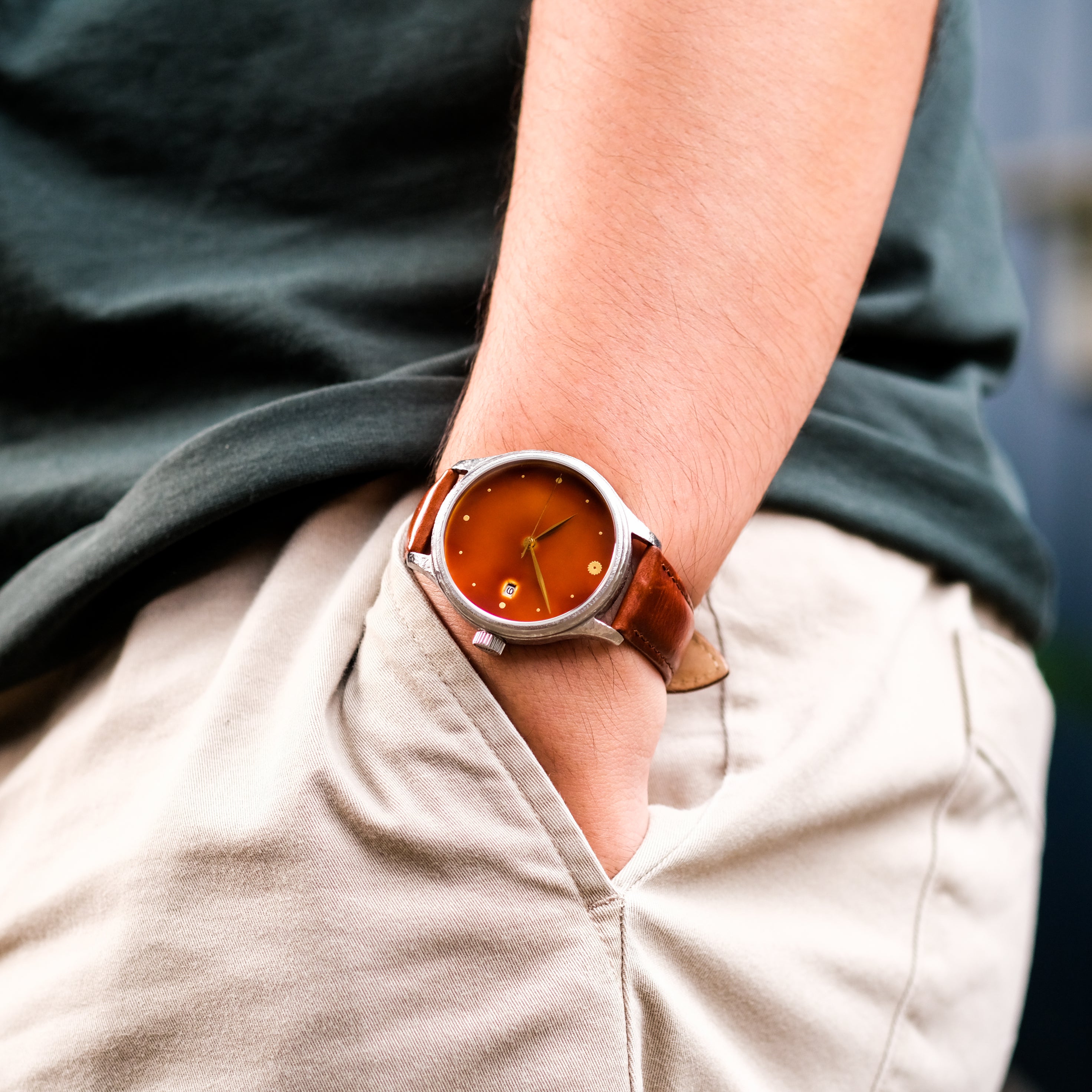 Wrist Shot of Dream Watch Byakudan Nuri Urushi Watch From Wancher Watch  Hands in Pocket 