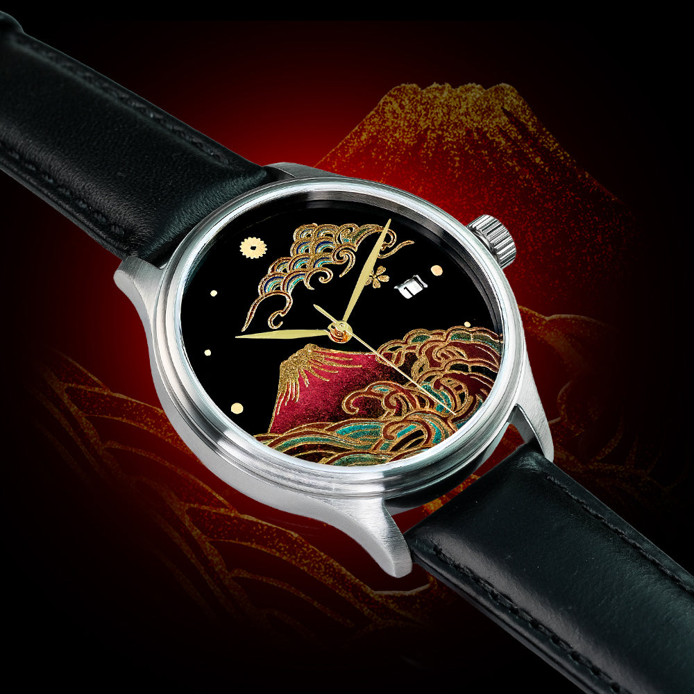 Maki-e watch for sale featuring Mount Fuji artwork in gold powder on black urushi lacquer, 42mm stainless steel case