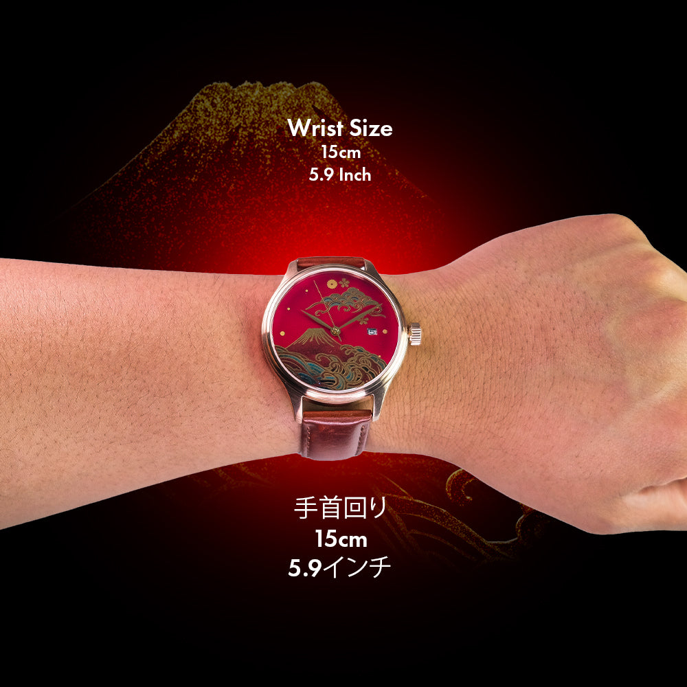 Wristwatch on a wrist with wrist size measurement text Buy urushi Maki-e watch with Mount Fuji gold artwork, handcrafted Japanese lacquer watch from Wancher Dream Watch Fuji collection