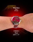 Wristwatch on a wrist with wrist size measurement text Buy urushi Maki-e watch with Mount Fuji gold artwork, handcrafted Japanese lacquer watch from Wancher Dream Watch Fuji collection