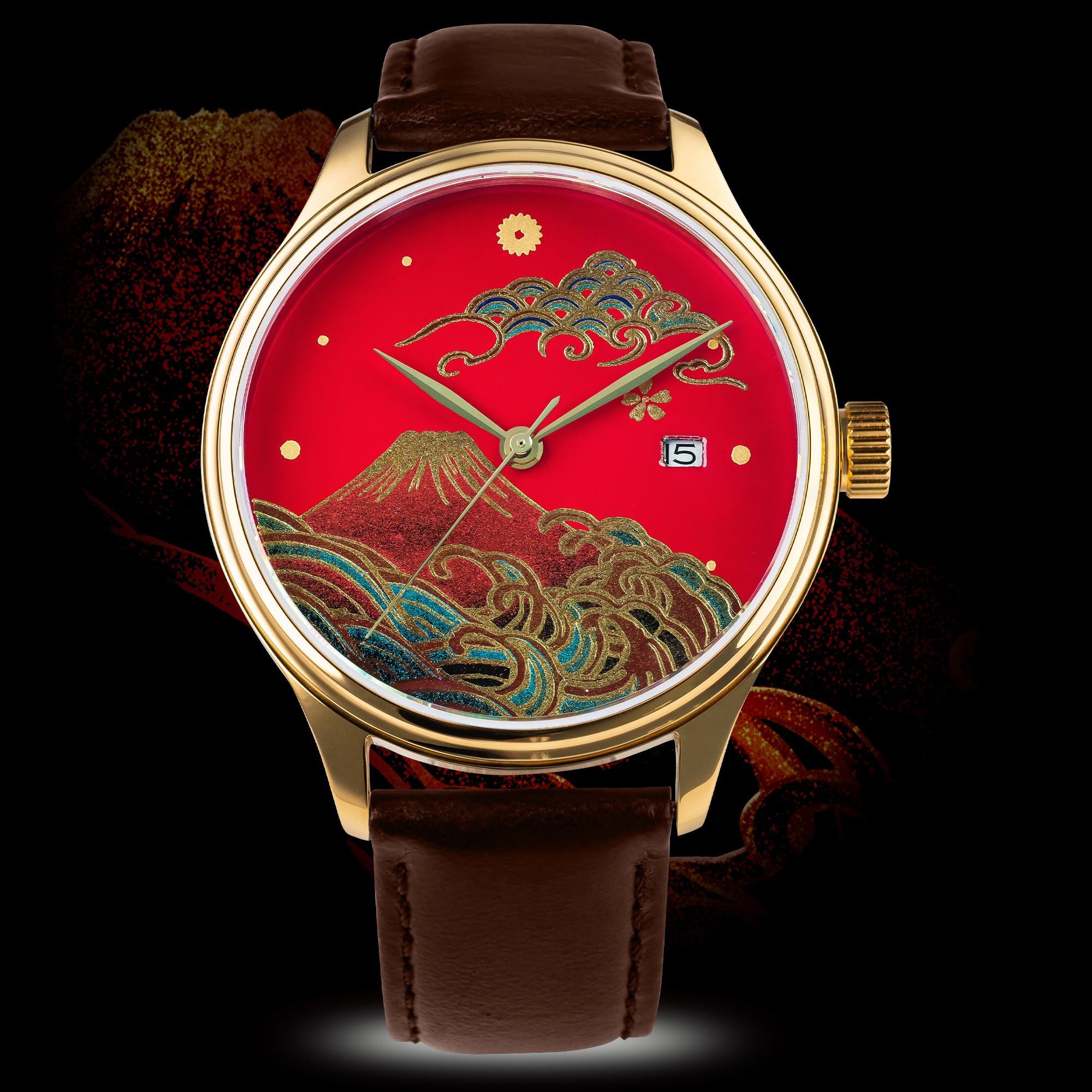 Urushi Maki-e watch with Mount Fuji artwork in 24-carat gold powder, Japanese lacquer watch by Wancher Dream Watch Fuji series
