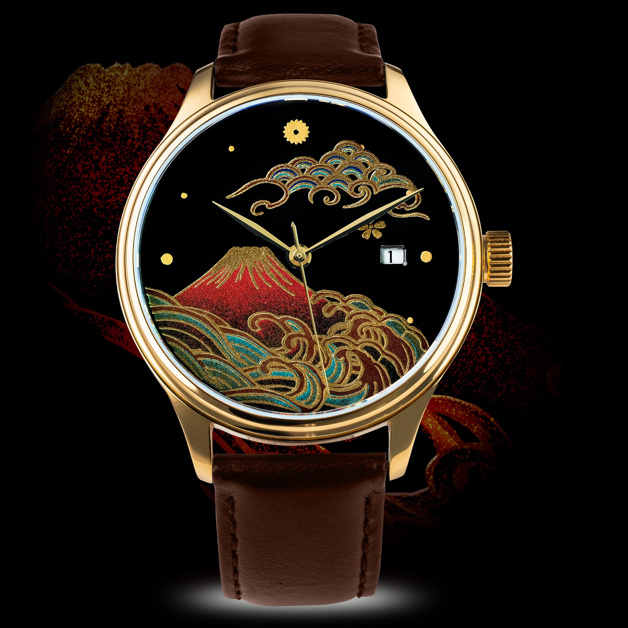 Gold watch with red Japanese Urushi dial, wave and mountain design, black leather strap