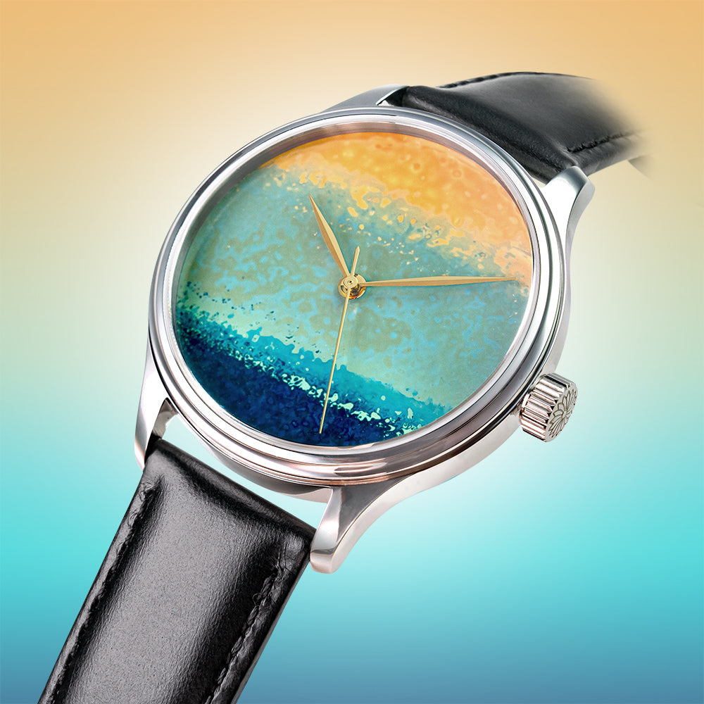 Japanese automatic watch with multi-layer Urushi dial in Chawan-iro Ai finish