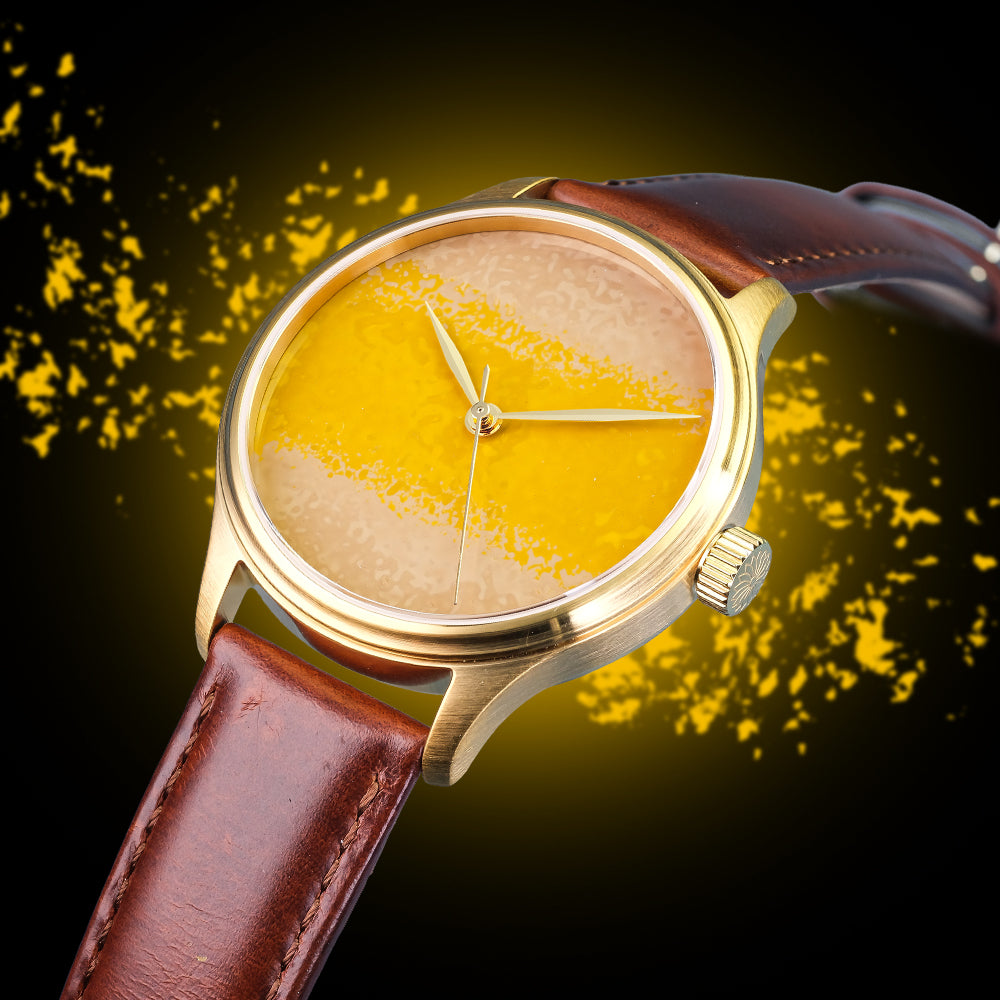 Handmade Urushi Watch by Wancher Watch with Chawan-Iro Kabocha Urushi lacquer dial crafted using Ishime Tsuishitsu Nuri Kinma technique