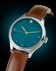 Close-up of hand-lacquered Urushi dial in deep gunjo blue