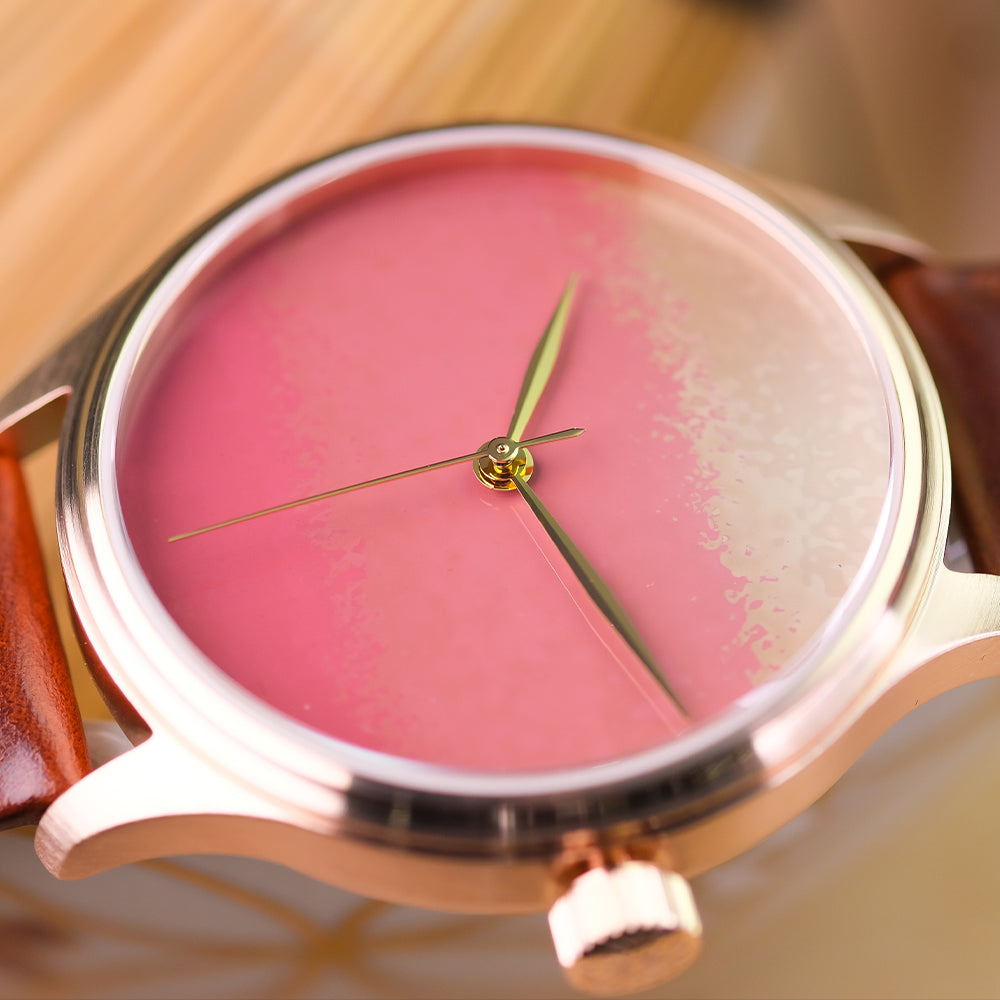 Elegant Japanese Urushi lacquer watch with Chawan-Iro Momo Urushi Dial showcasing artisanal Ishime Tsuishitsu Nuri Kinma craftsmanship