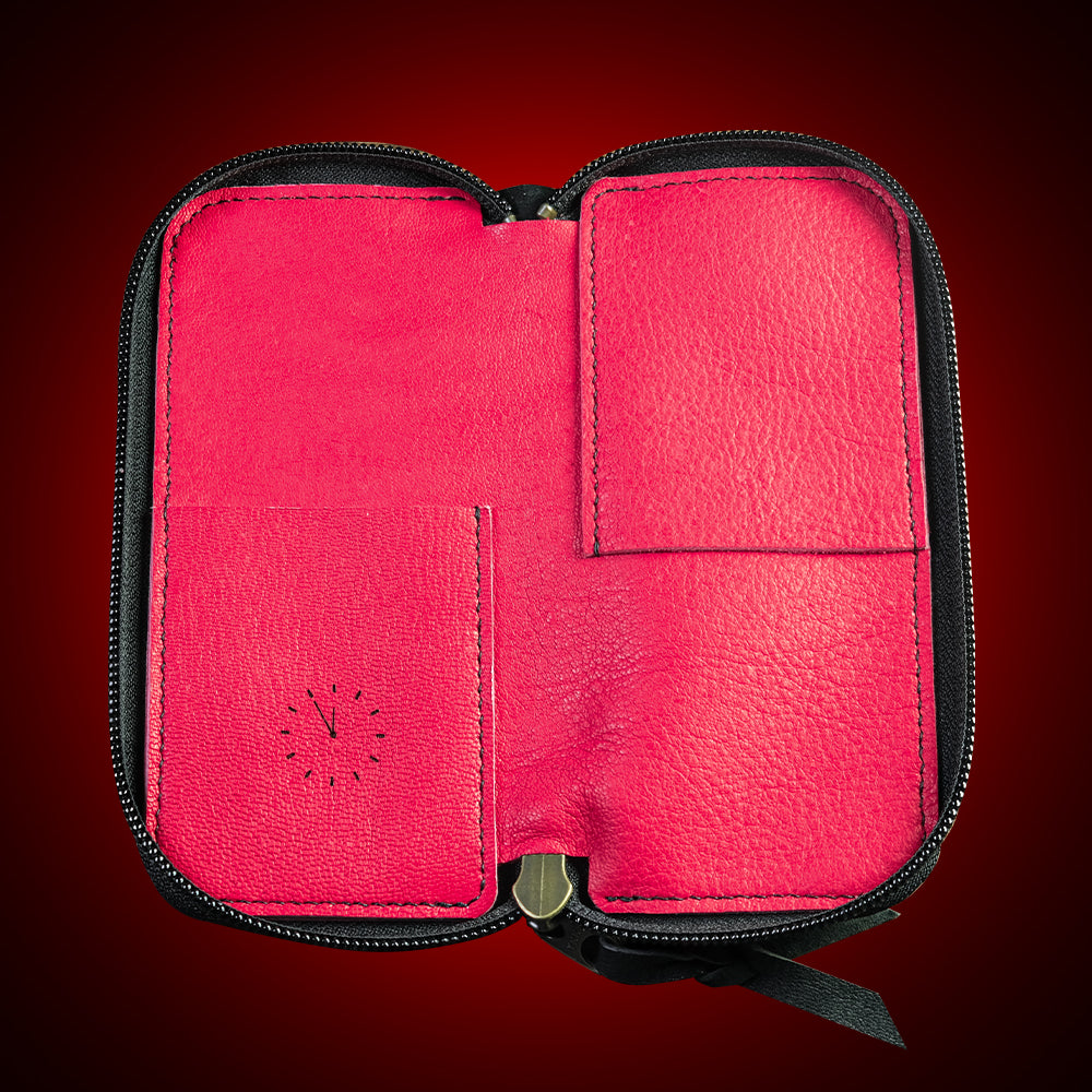 Red leather wallet with a zipper on a red background High-quality black and red shrunken deer leather watch case Wancher Travel Watch Pouch 