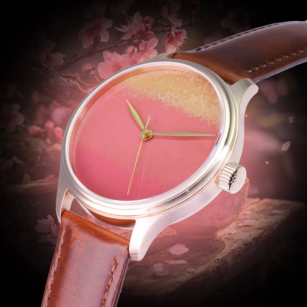 Japanese Urushi lacquer Urushi Dial watch with textured Ishime Tsuishitsu Nuri Kinma technique by Wancher Watch Dream Watch Chawan Iro Momo