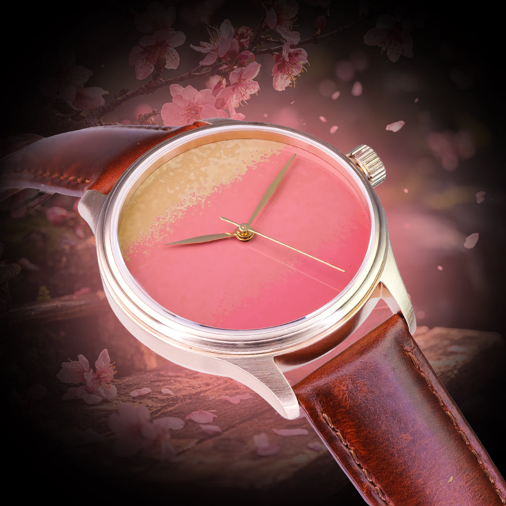Handmade Urushi maki-e inspired Urushi Watch with Chawan-Iro Momo lacquer finish showcasing traditional Japanese Urushi lacquer artistry