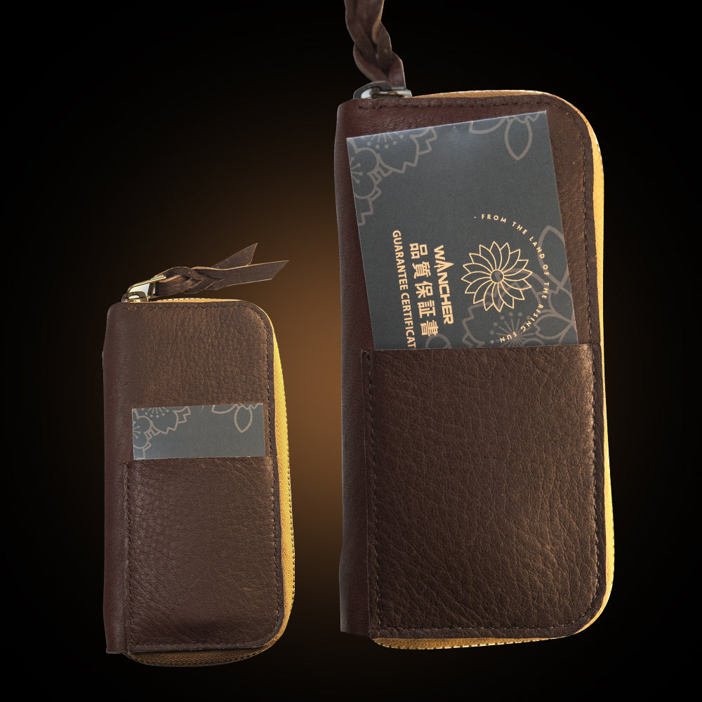 Dark brown deer leather pouch from Japan with traditional oiling techniques 