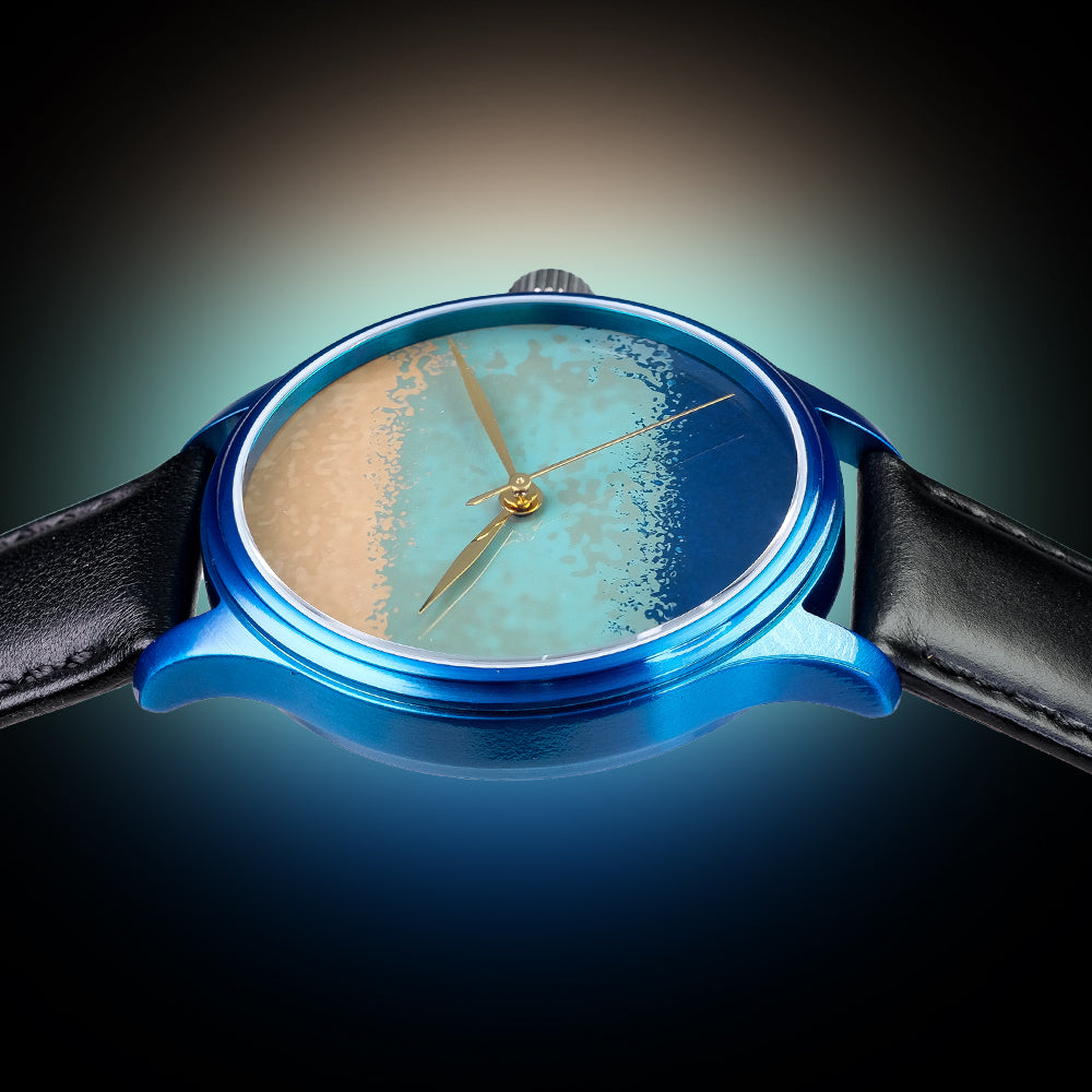 Dream Watch Chawan-iro Ai Urushi blue case watch by Wancher, featuring handcrafted Urushi dial artwork by Yoko Master Hirota