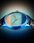 Dream Watch Chawan-iro Ai Urushi blue case watch by Wancher, featuring handcrafted Urushi dial artwork by Yoko Master Hirota