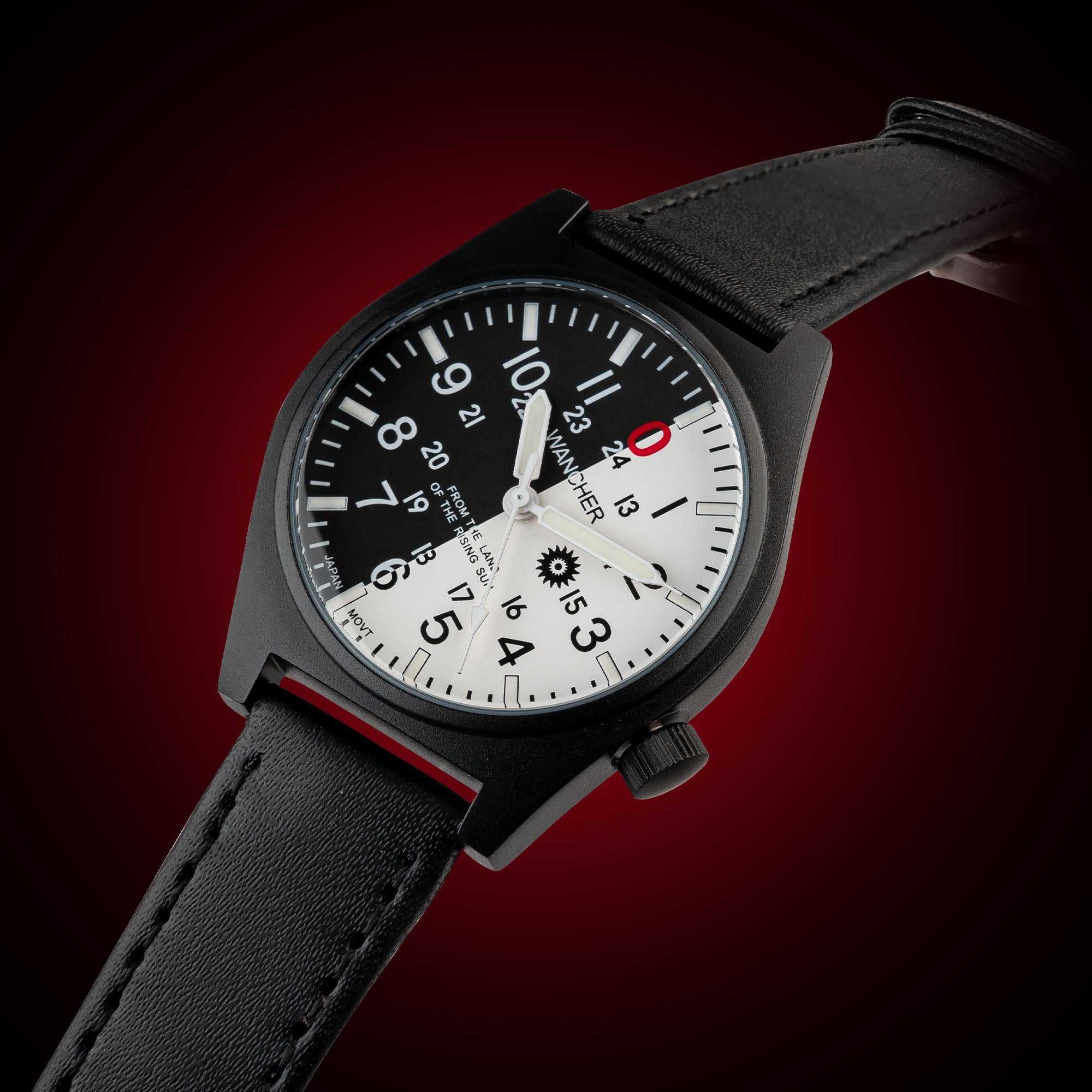 Close-up of the Wancher Gurkha watch showcasing its distinctive 30-degree tilted dual-scale field dial, featuring a classic 12-hour outer track and 24-hour inner scale inspired by military timekeeping. The angled layout enhances readability while highlighting the watch’s unique blend of rugged heritage, functional design, and unconventional elegance.

