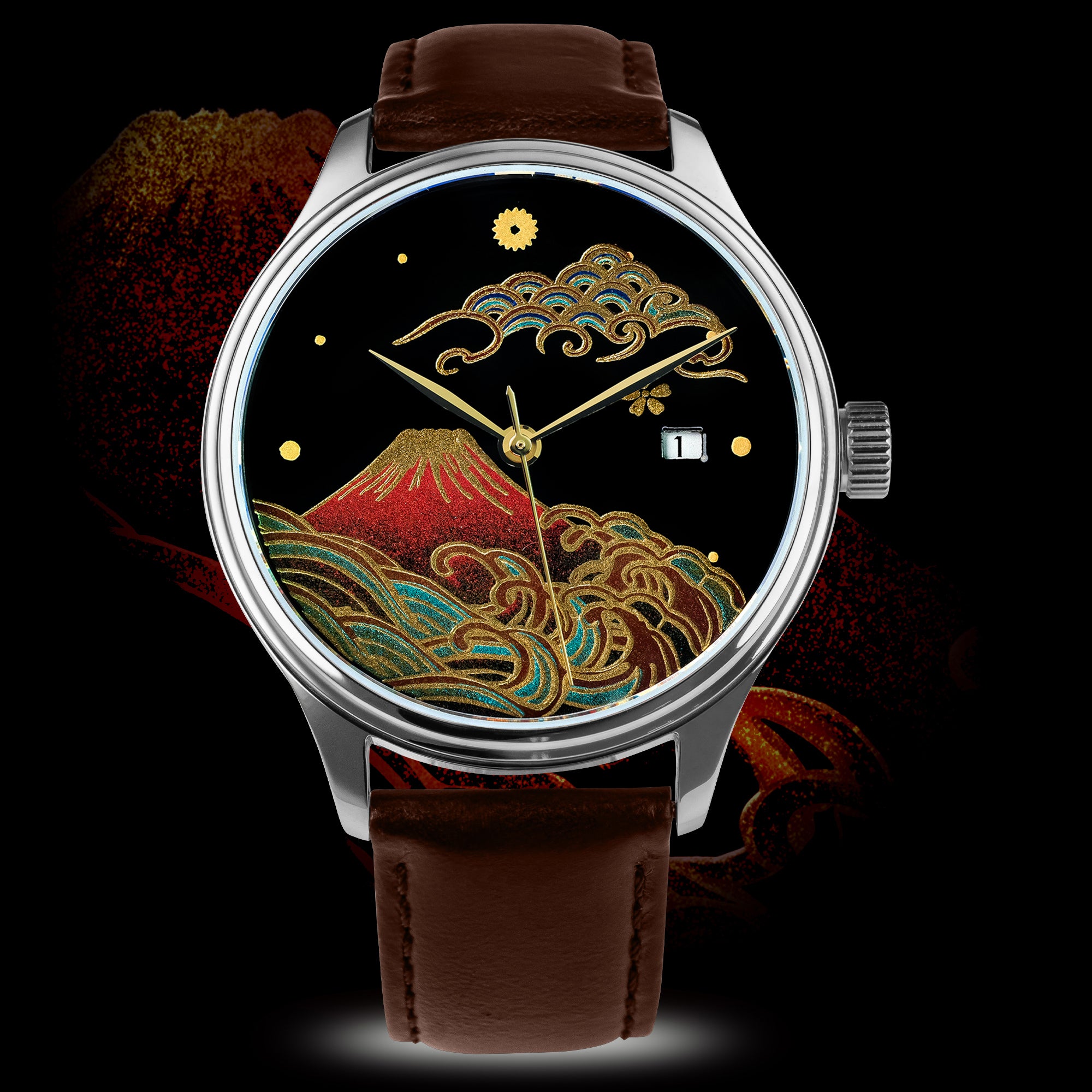 Japanese automatic watch with red Urushi dial, Mt. Fuji and wave design, brown leather strap