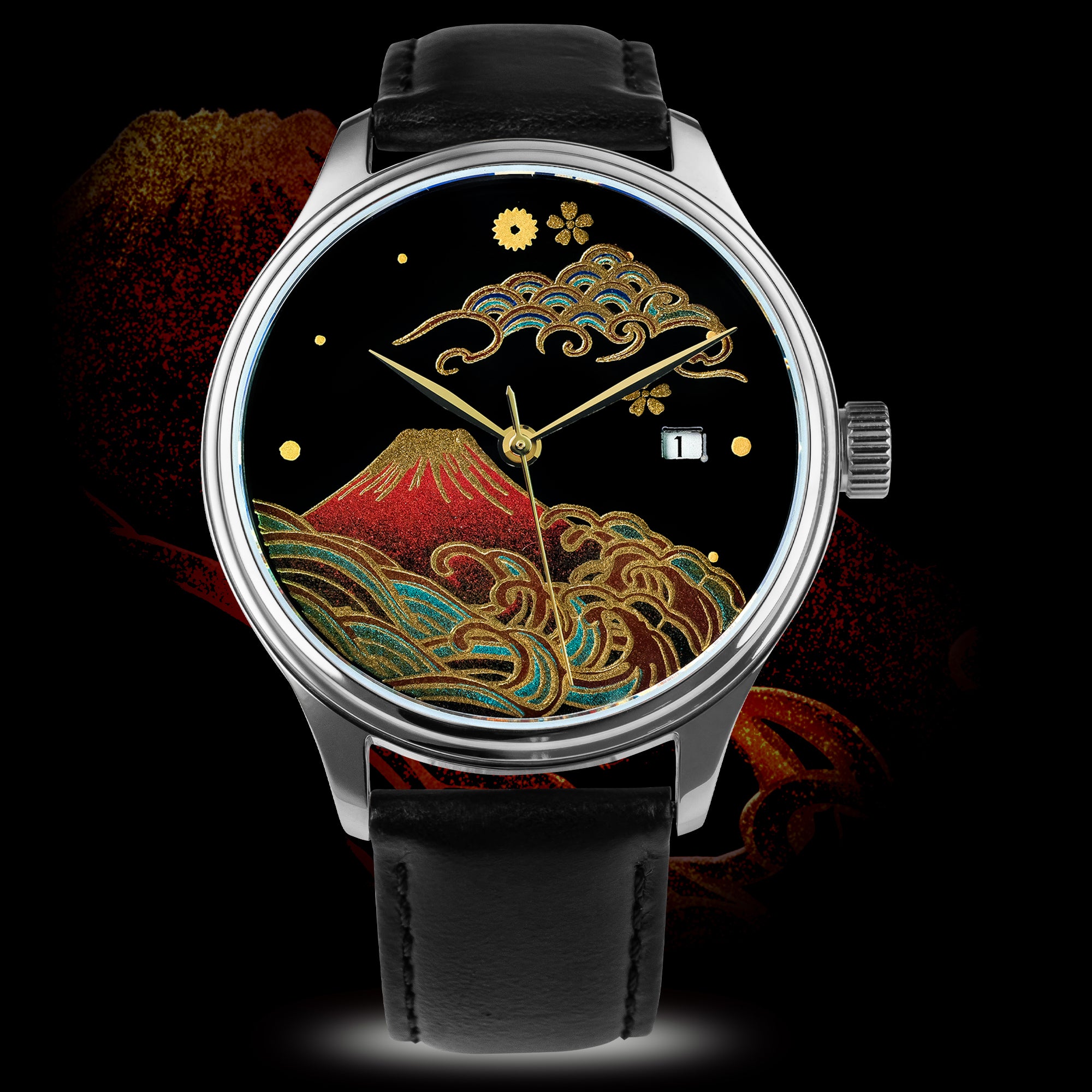 Wancher Dream Watch Fuji Maki-e — front dial view, Mount Fuji in gold urushi lacquer