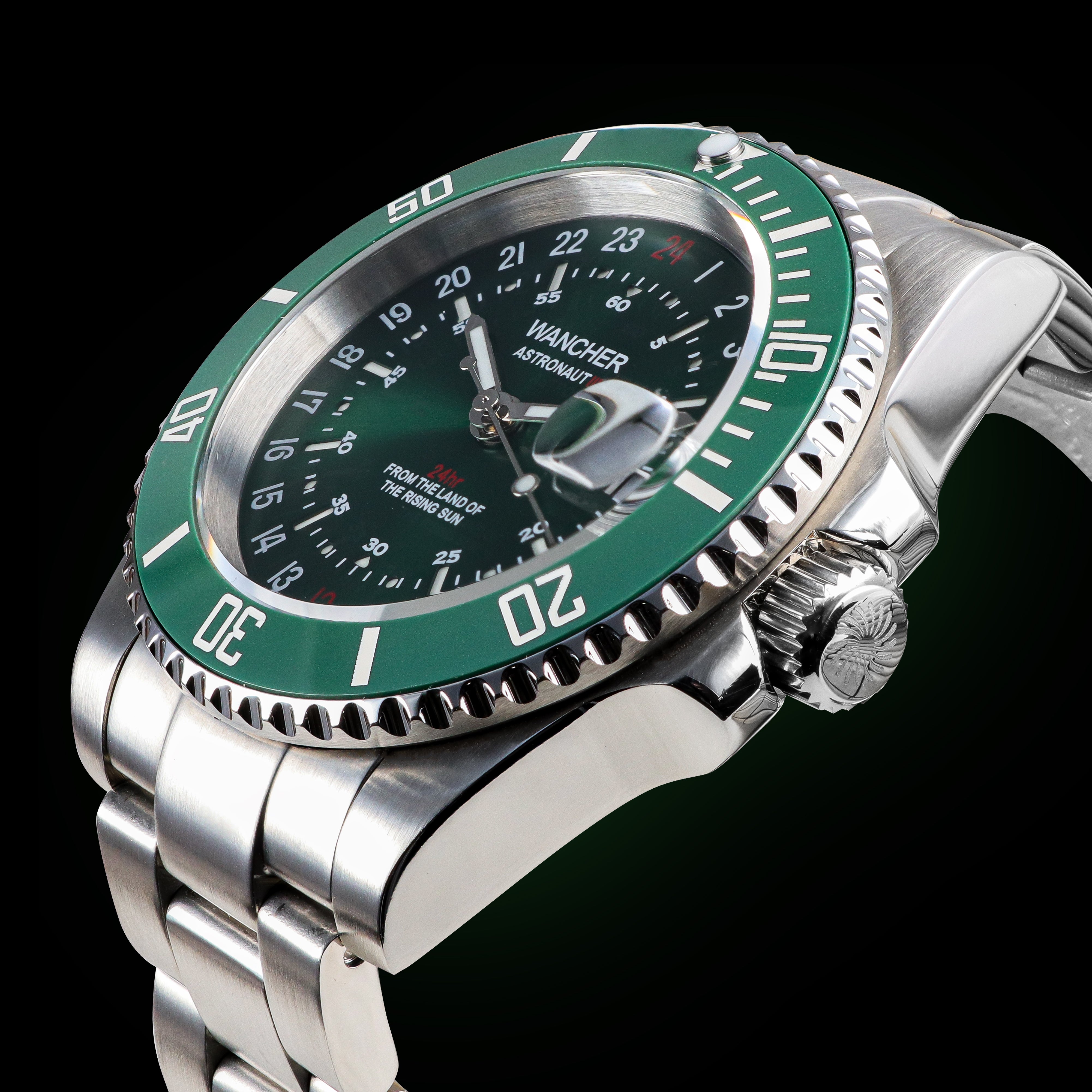 Wancher Watch Astronaut 3 Sun burst green automatic 24 hour watch 