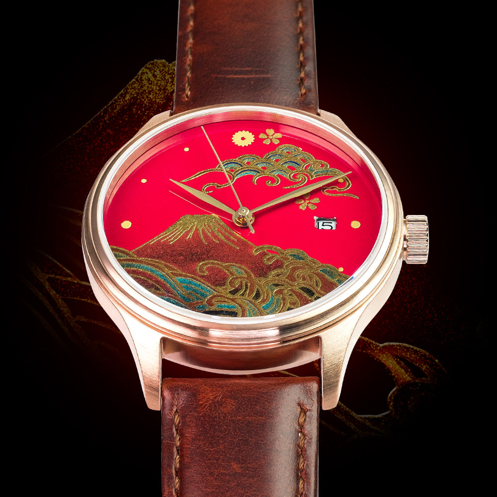 Wancher Dream Watch Fuji urushi Maki-e watch showing Mount Fuji in gold with Miyota 9015 dress watch automatic movement
