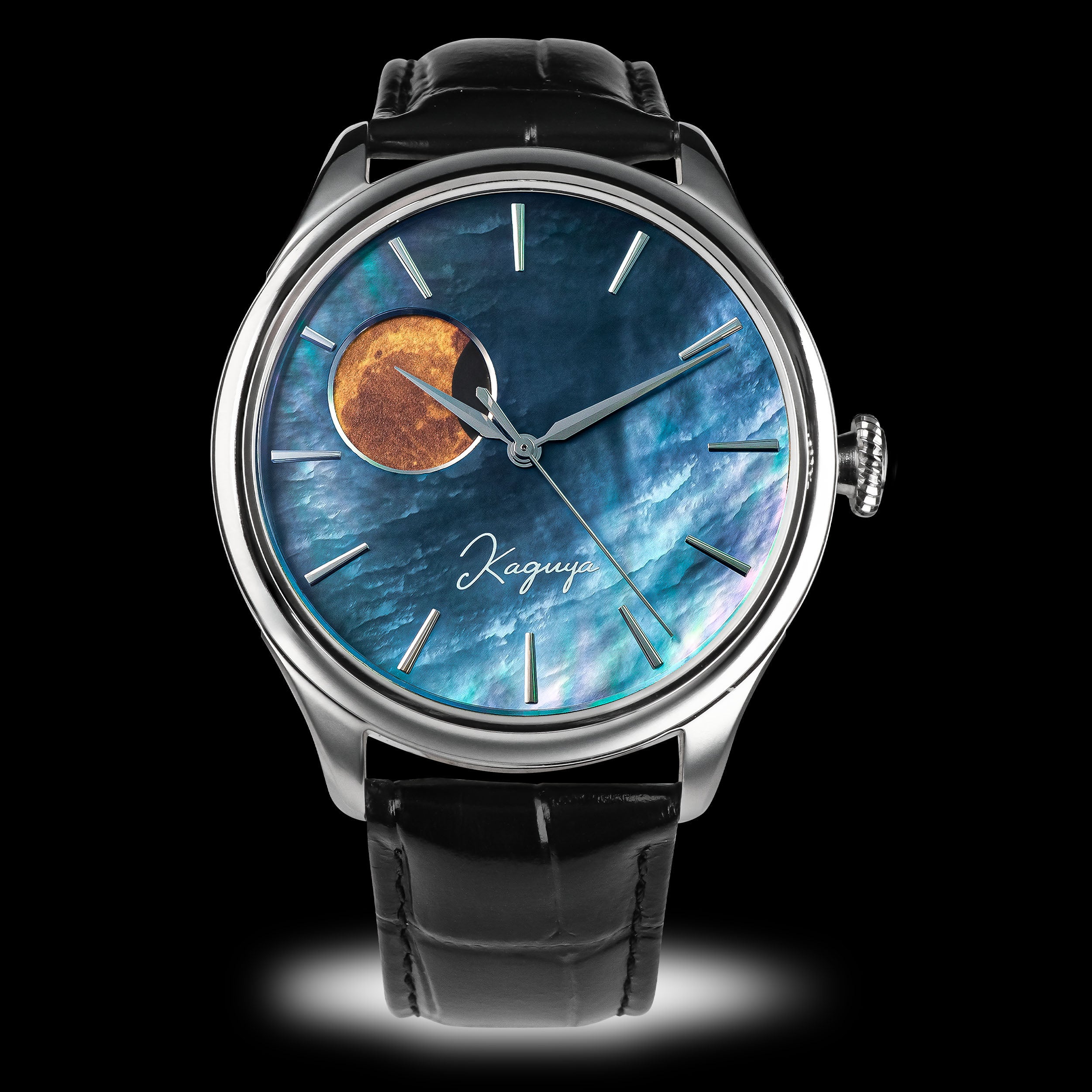 Luxury automatic moonphase watch with Kaguya Murasaki Blue dial by Wancher with a Gold Sub Dial moon disk 