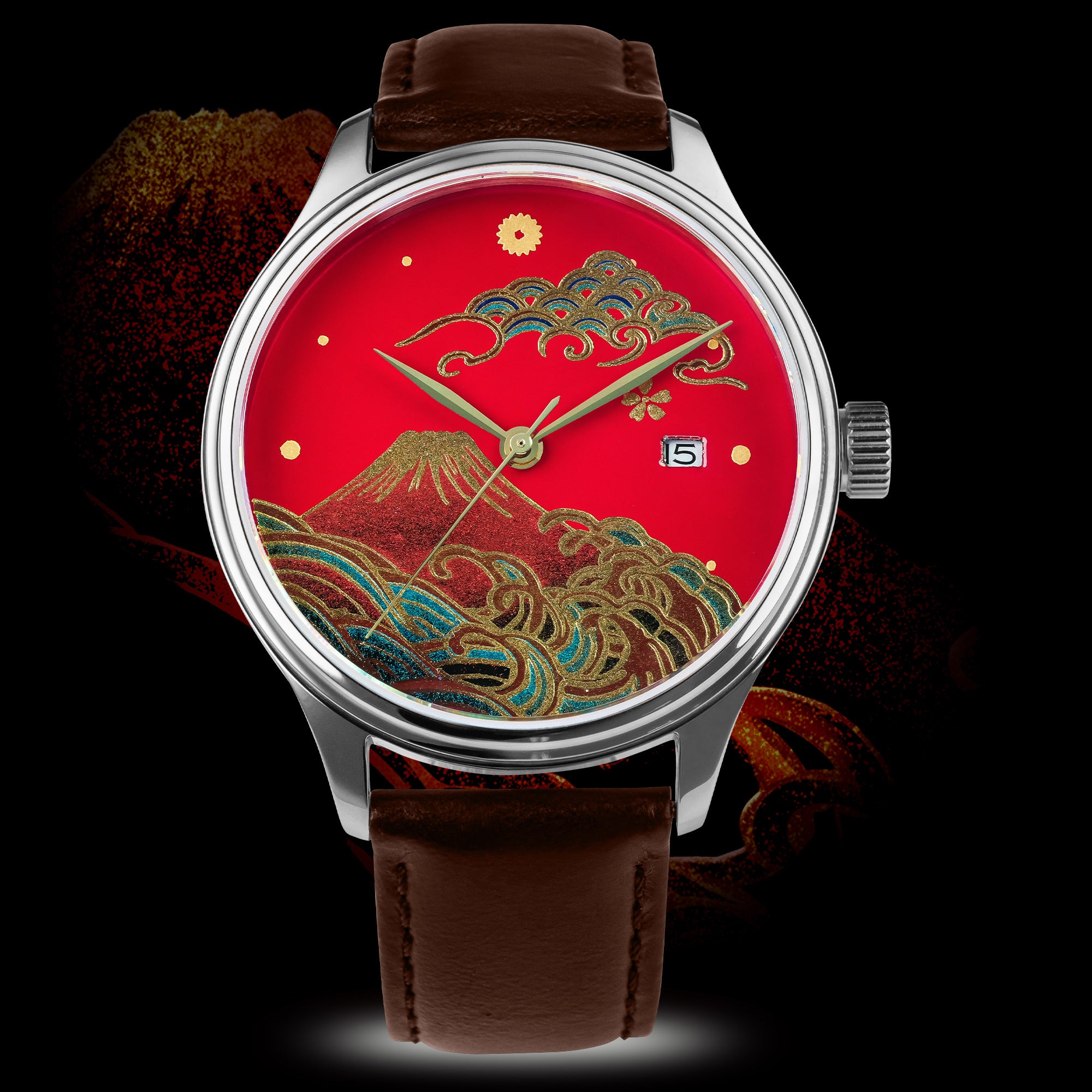 Luxury Wancher Dream Watch Fuji displaying Mount Fuji in gold Maki-e on handcrafted Urushi dial