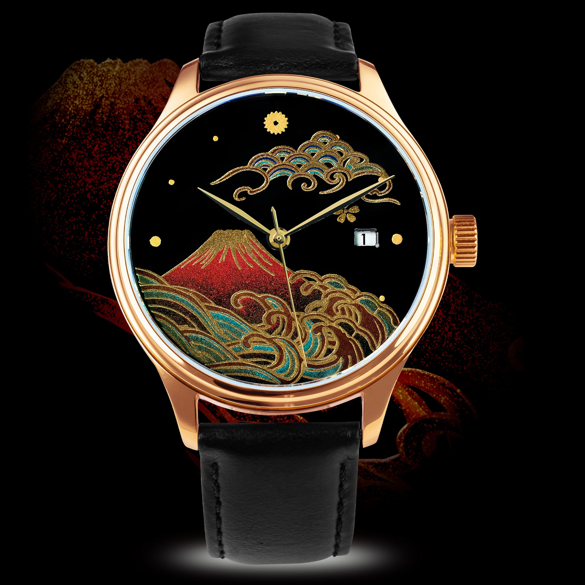 Gold wristwatch with red Japanese Urushi dial, Mount Fuji and wave design, brown leather strap