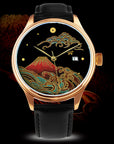 Gold wristwatch with red Japanese Urushi dial, Mount Fuji and wave design, brown leather strap