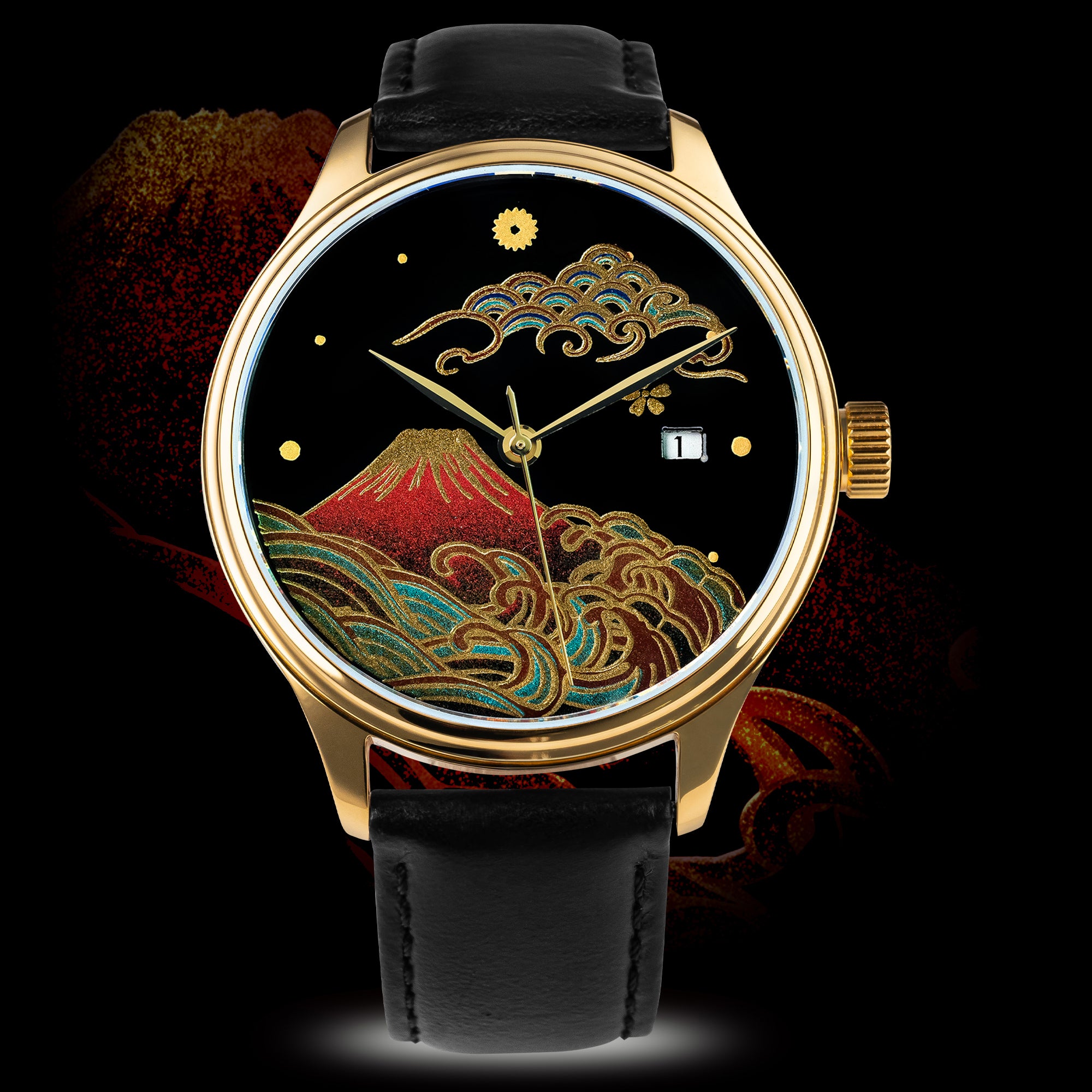 Luxury watch with red Japanese urushi dial, Mt. Fuji, gold waves, and brown leather strap