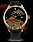 Luxury watch with red Japanese urushi dial, Mt. Fuji, gold waves, and brown leather strap