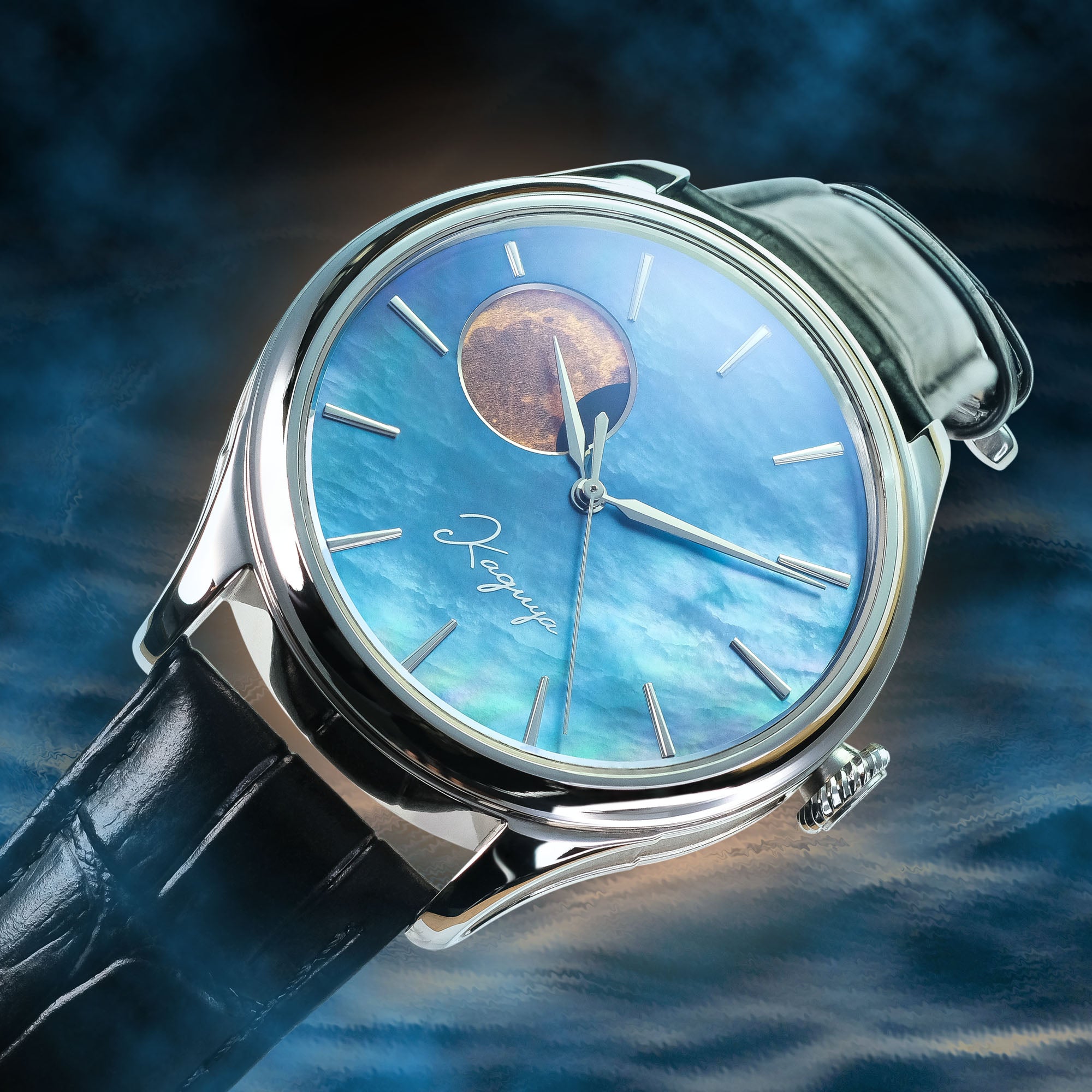 Luxury watch with blue face and black leather strap on a dark blue background Japanese raden dial automatic watch with moonphase complication