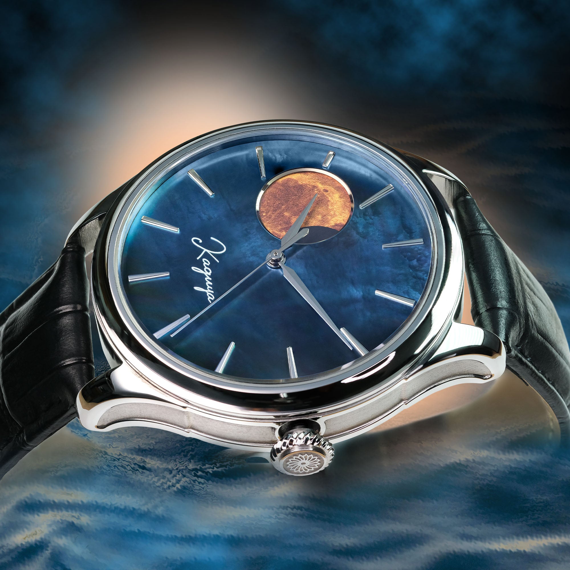 Luxury watch with blue dial and black leather strap on a dark background 