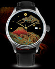 Wancher Dream Watch Fuji Maki-e front dial view, Mount Fuji in gold urushi lacquer
